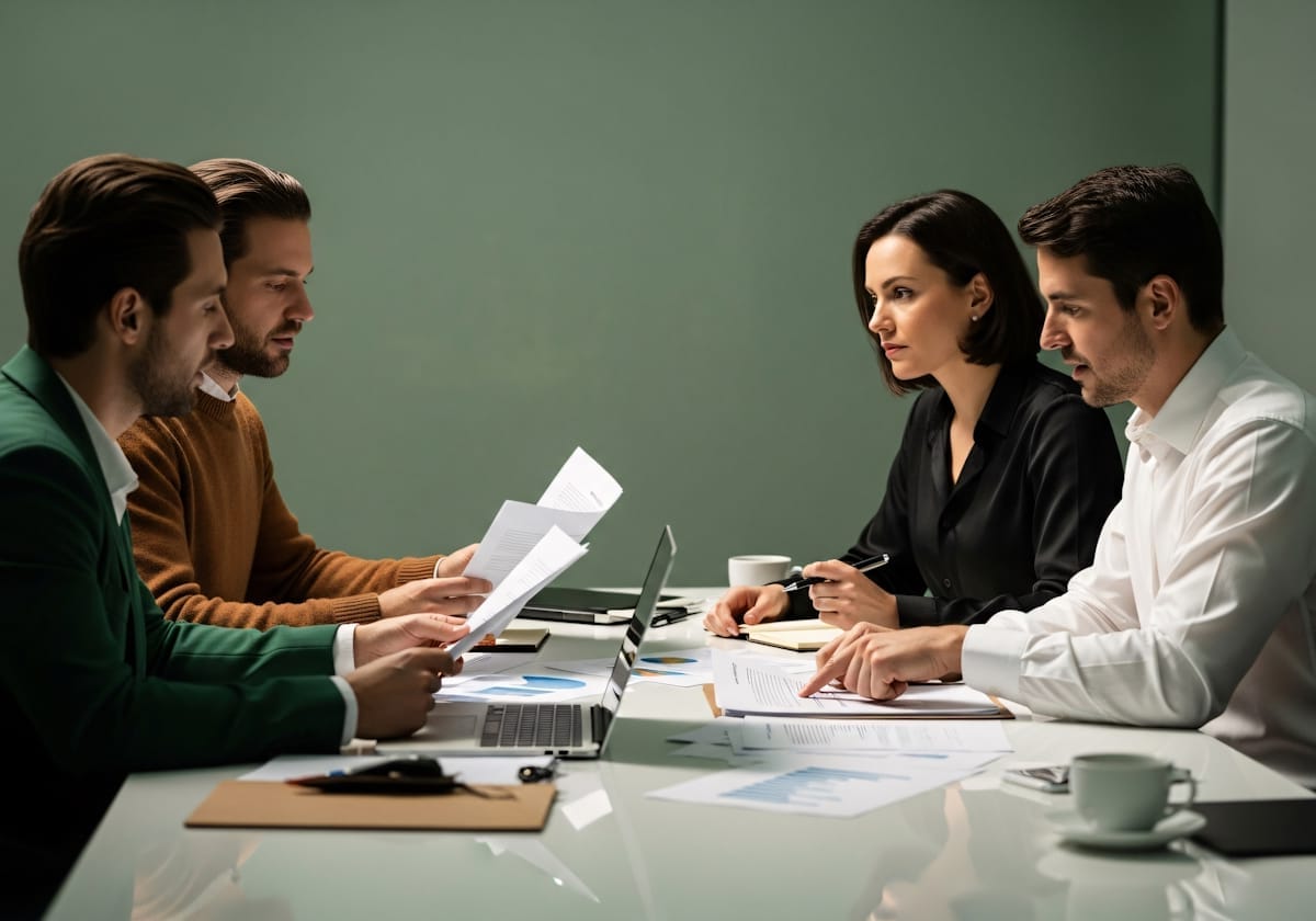 A team reviewing printed research findings around a table