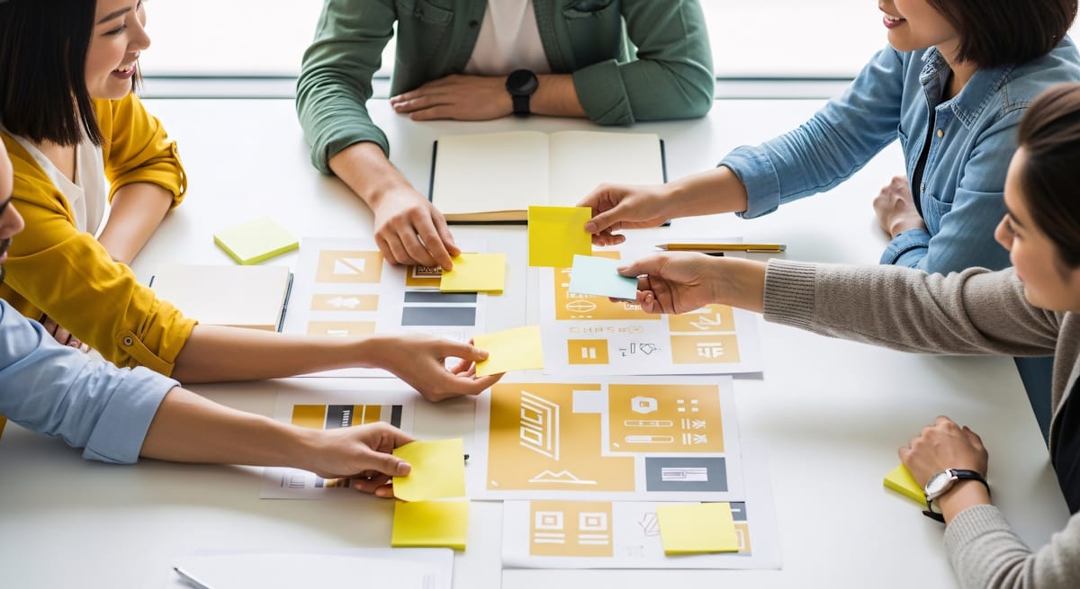 A team mapping a customer journey with sticky notes